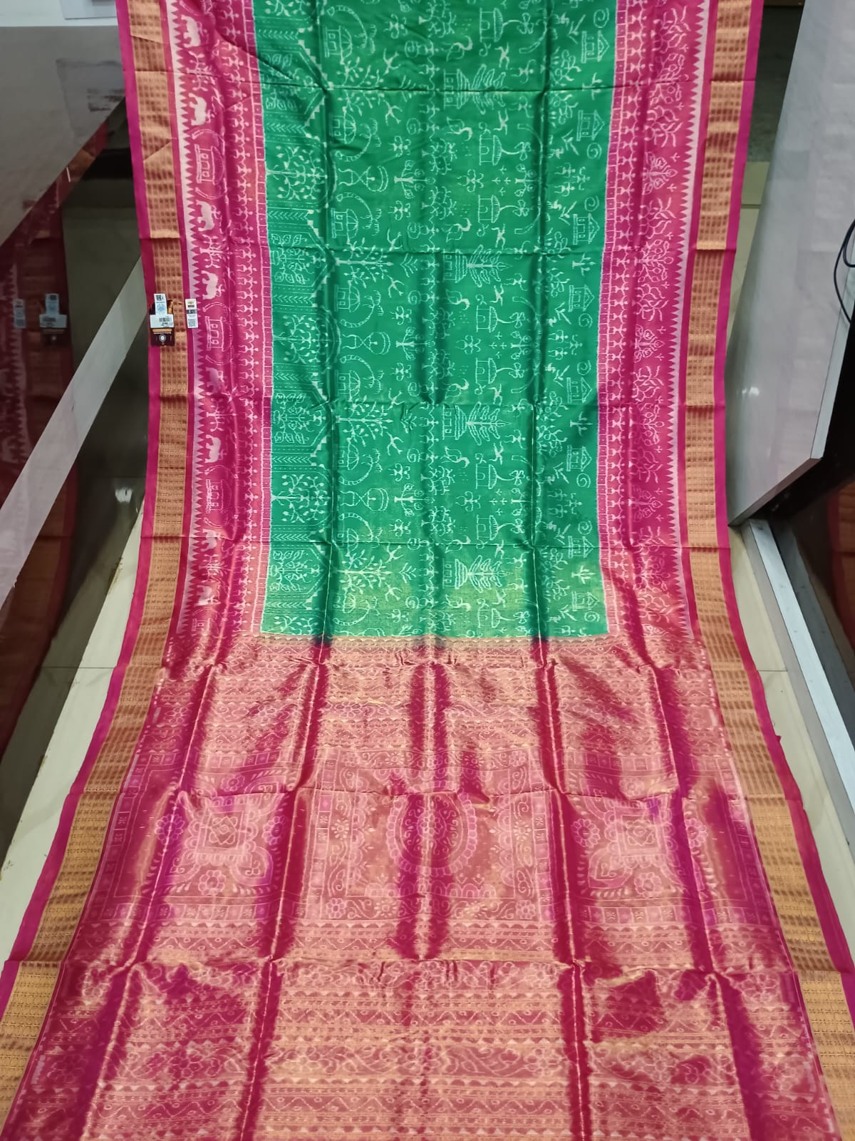 Sea Green Magenta Tribal Family Tissue Sambalpuri Silk Saree