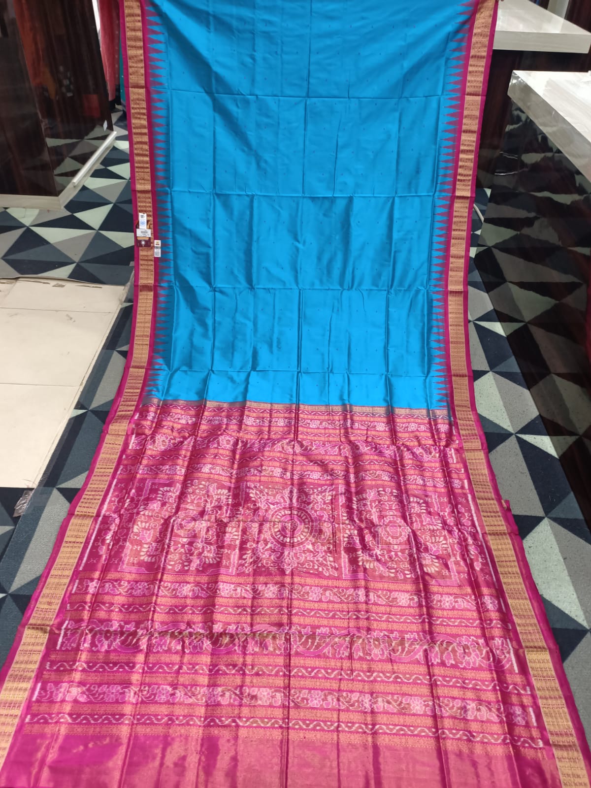 Blue Magenta Buti Bomkai Half Tissue Silk Saree