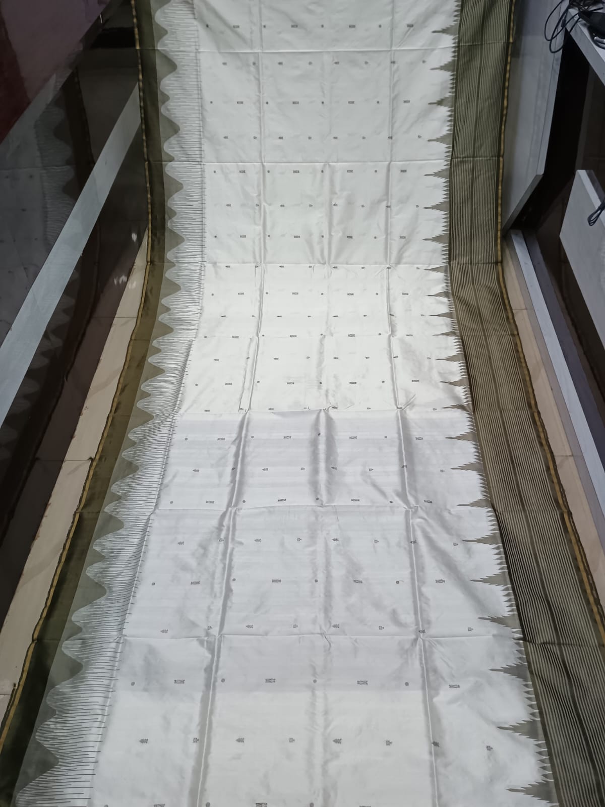 Off White Olive Green Fish Buti Waves Phoda Kumbha Sambalpuri Silk Saree