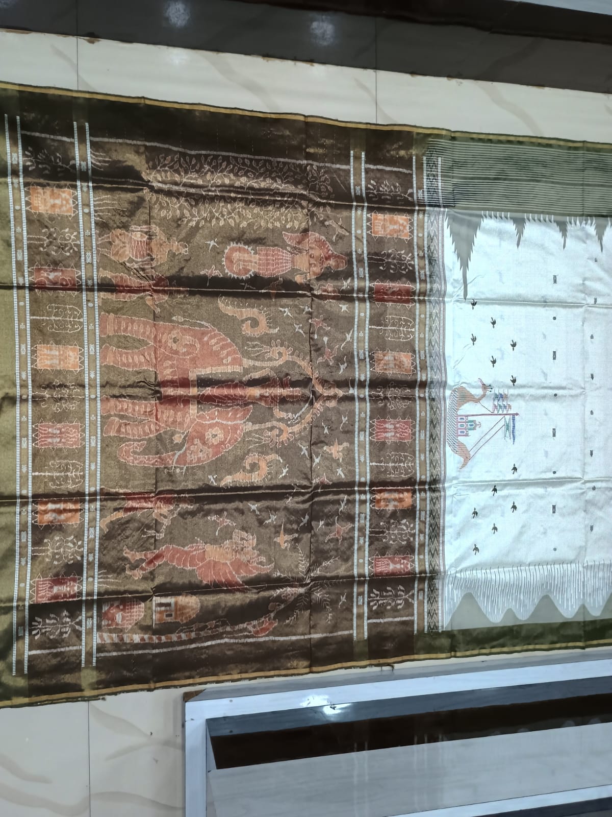 Off White Olive Green Fish Buti Waves Phoda Kumbha Sambalpuri Silk Saree