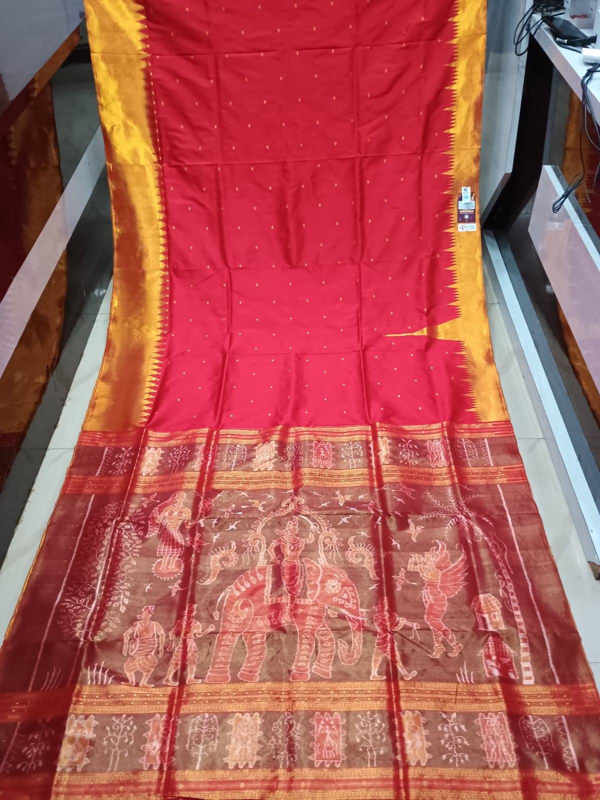 Red Golden Phoda Kumbha Half Tissue Sambalpuri Silk Saree