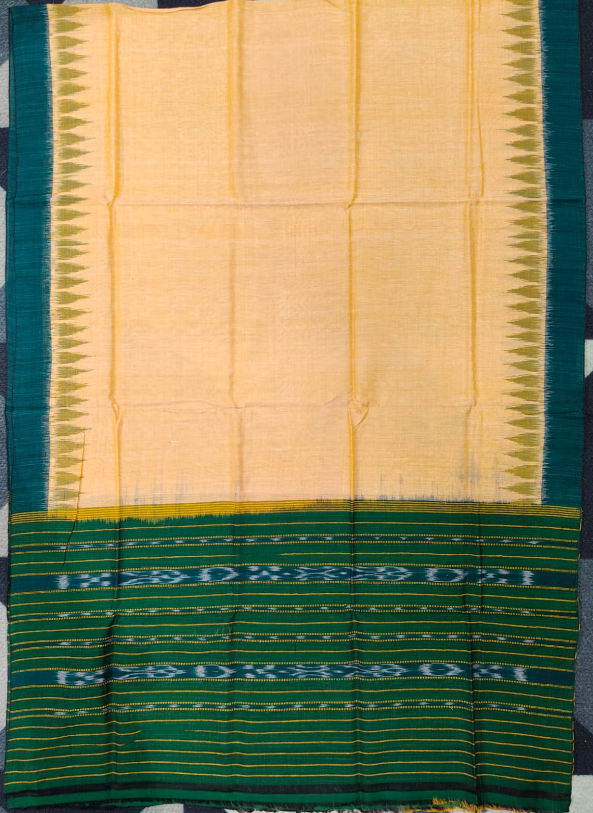 Green Creame Handwoven Odisha Ikat Unstitched Dress Material Set (Top 2.5m, Bottom 2m, Dupatta 2.5m)