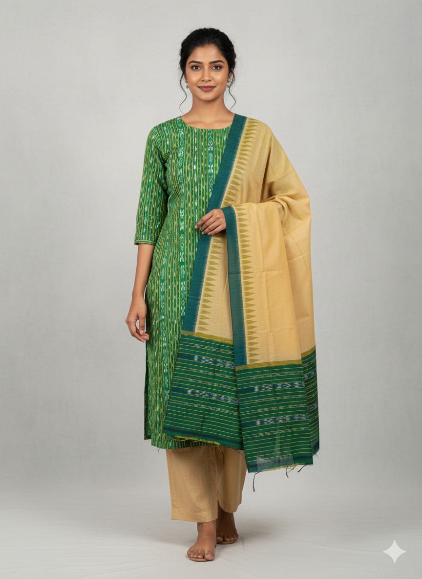 Green Creame Handwoven Odisha Ikat Unstitched Dress Material Set (Top 2.5m, Bottom 2m, Dupatta 2.5m)