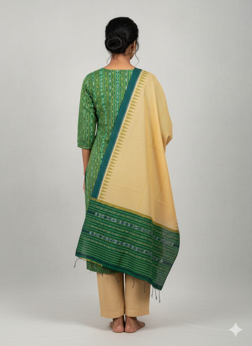 Green Creame Handwoven Odisha Ikat Unstitched Dress Material Set (Top 2.5m, Bottom 2m, Dupatta 2.5m)