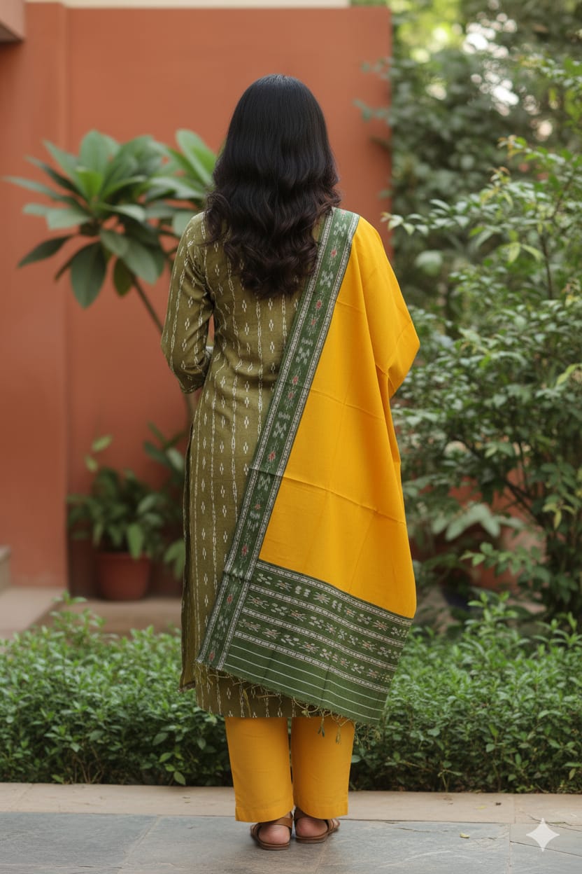 Mehendi Green Yellow Handwoven Odisha Ikat Unstitched Dress Material Set (Top 2.5m, Bottom 2m, Dupatta 2.5m)