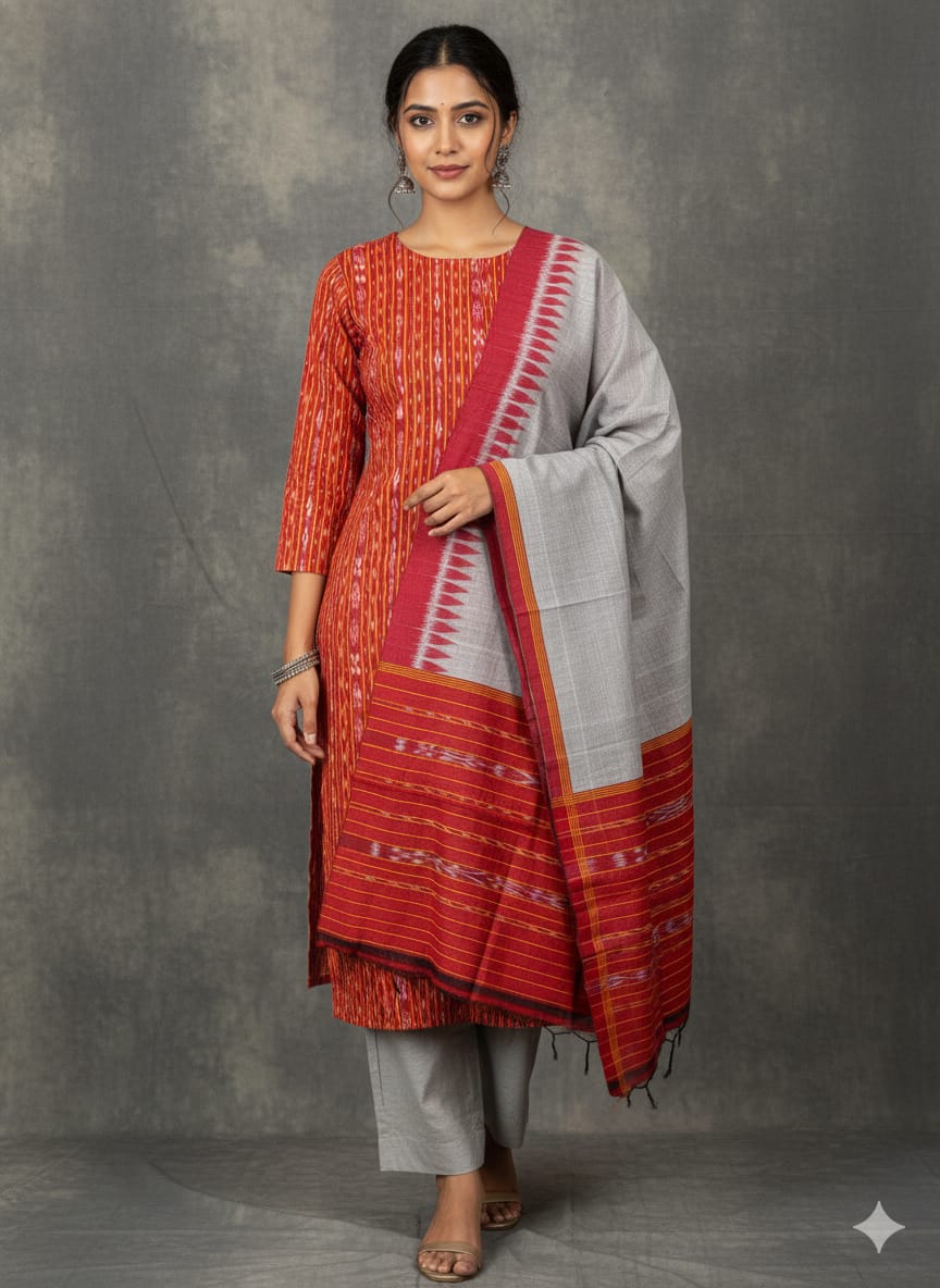 Maroon Grey Handwoven Odisha Ikat Unstitched Dress Material Set (Top 2.5m, Bottom 2m, Dupatta 2.5m)