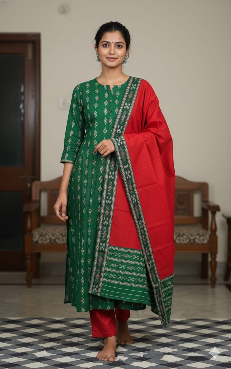 Green Red Handwoven Odisha Ikat Unstitched Dress Material Set (Top 2.5m, Bottom 2m, Dupatta 2.5m)