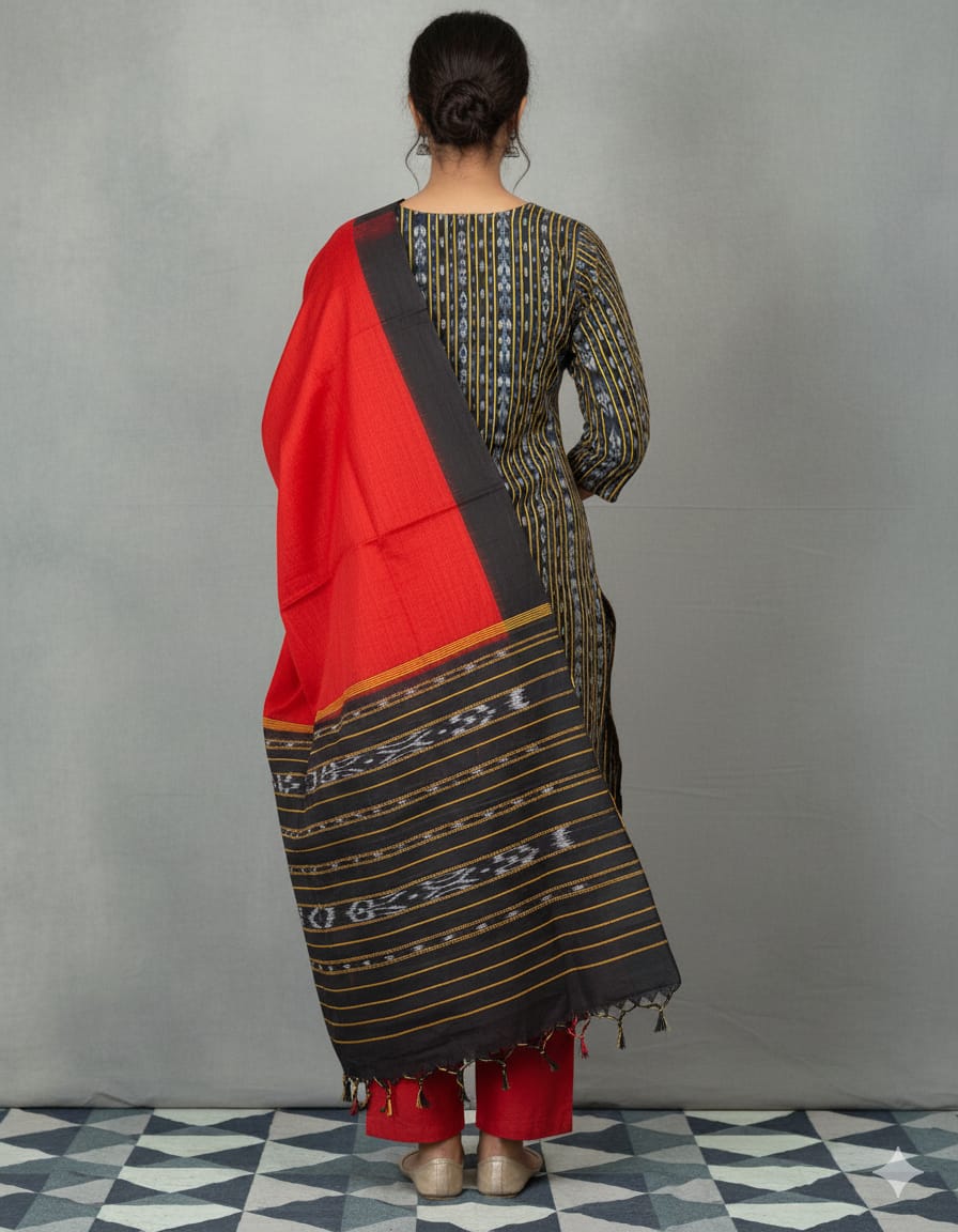 Black Red Handwoven Odisha Ikat Unstitched Dress Material Set (Top 2.5m, Bottom 2m, Dupatta 2.5m)