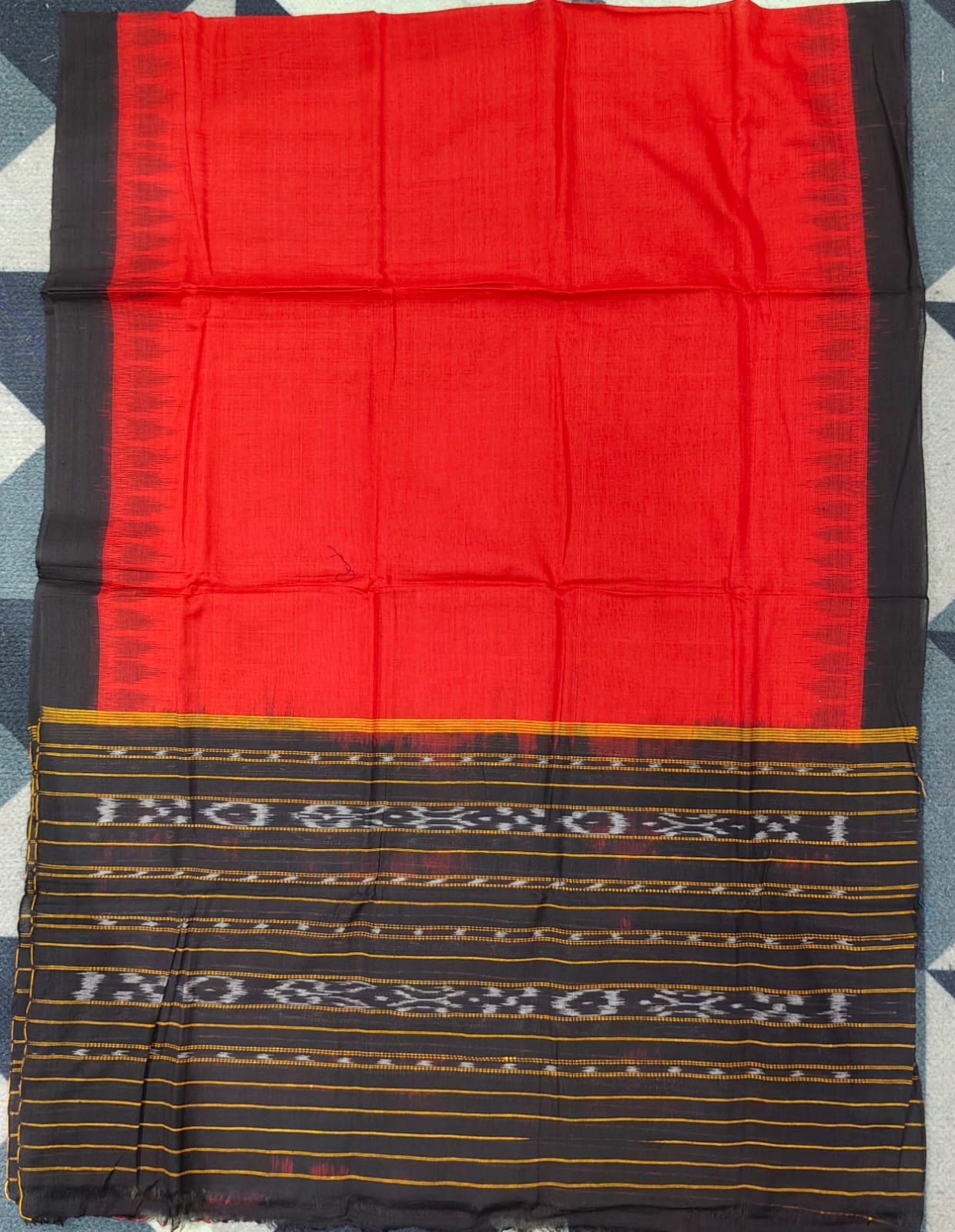 Black Red Handwoven Odisha Ikat Unstitched Dress Material Set (Top 2.5m, Bottom 2m, Dupatta 2.5m)