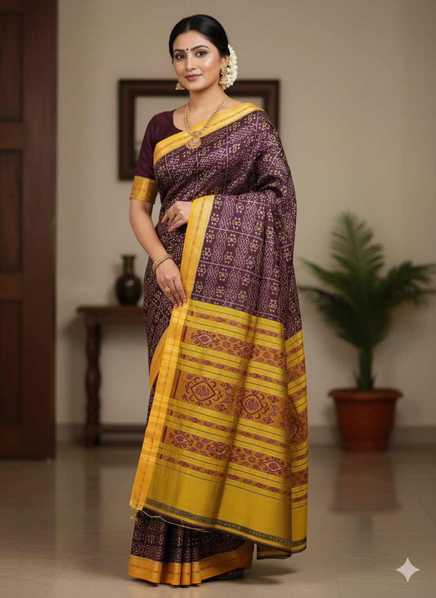 Coffee Yellow Jhoti Design Khandua Silk Saree