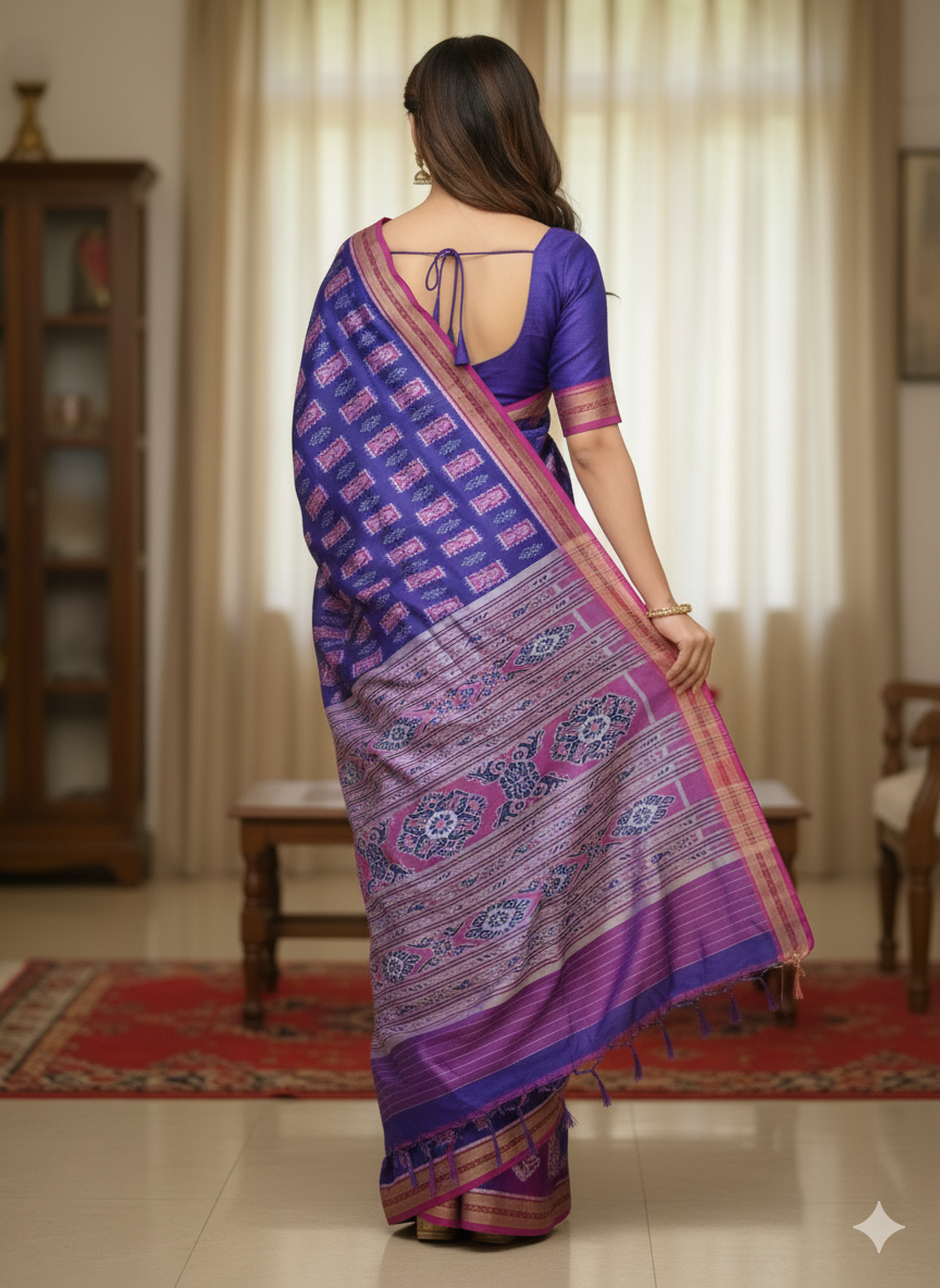 Blue Magenta Fish Design Khandua Silk Saree