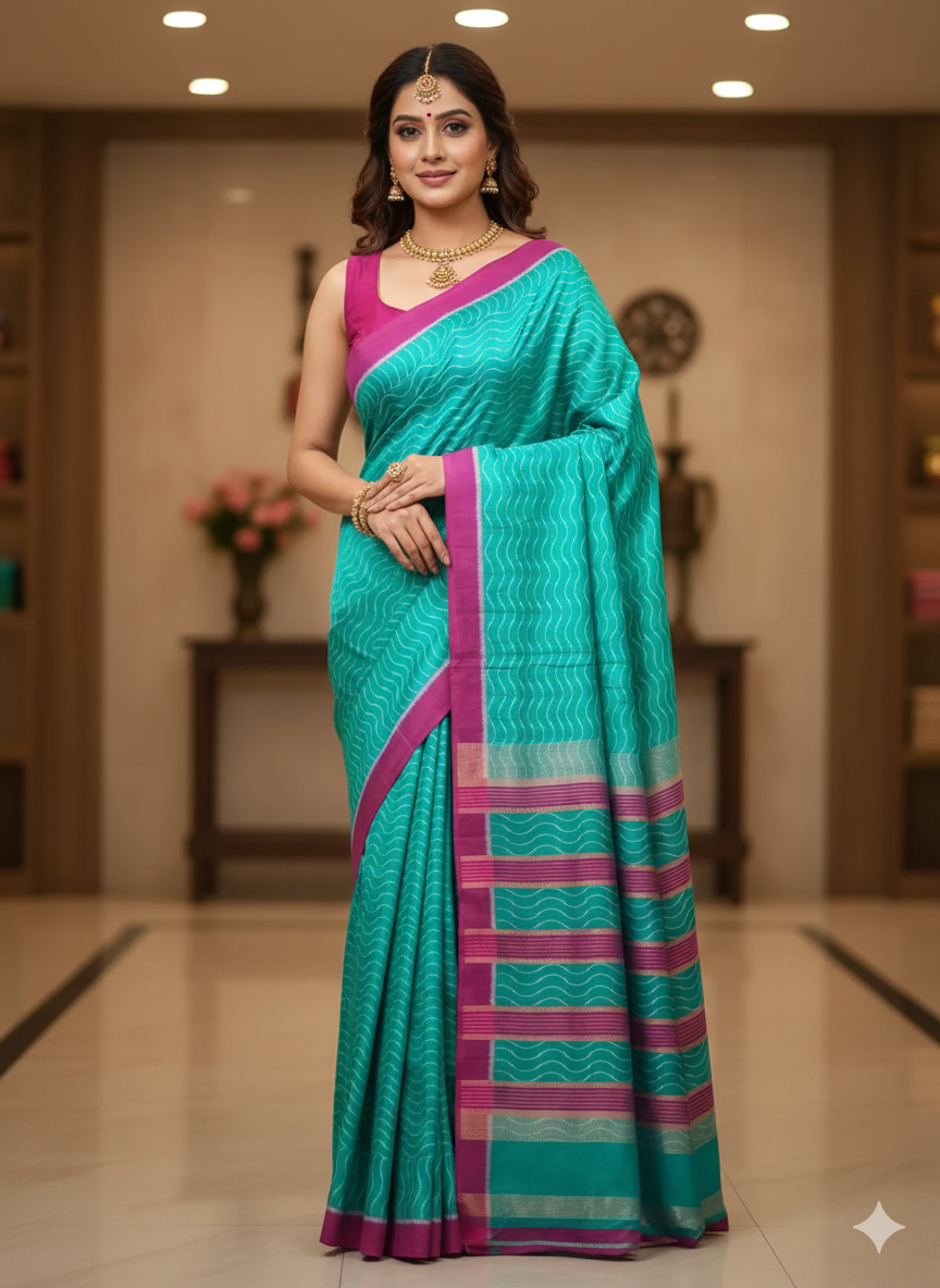Sea Green Magenta Weave Design Mulberry Silk Saree