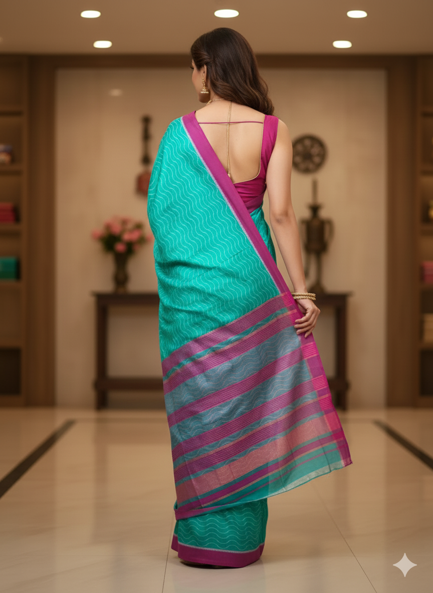 Sea Green Magenta Weave Design Mulberry Silk Saree