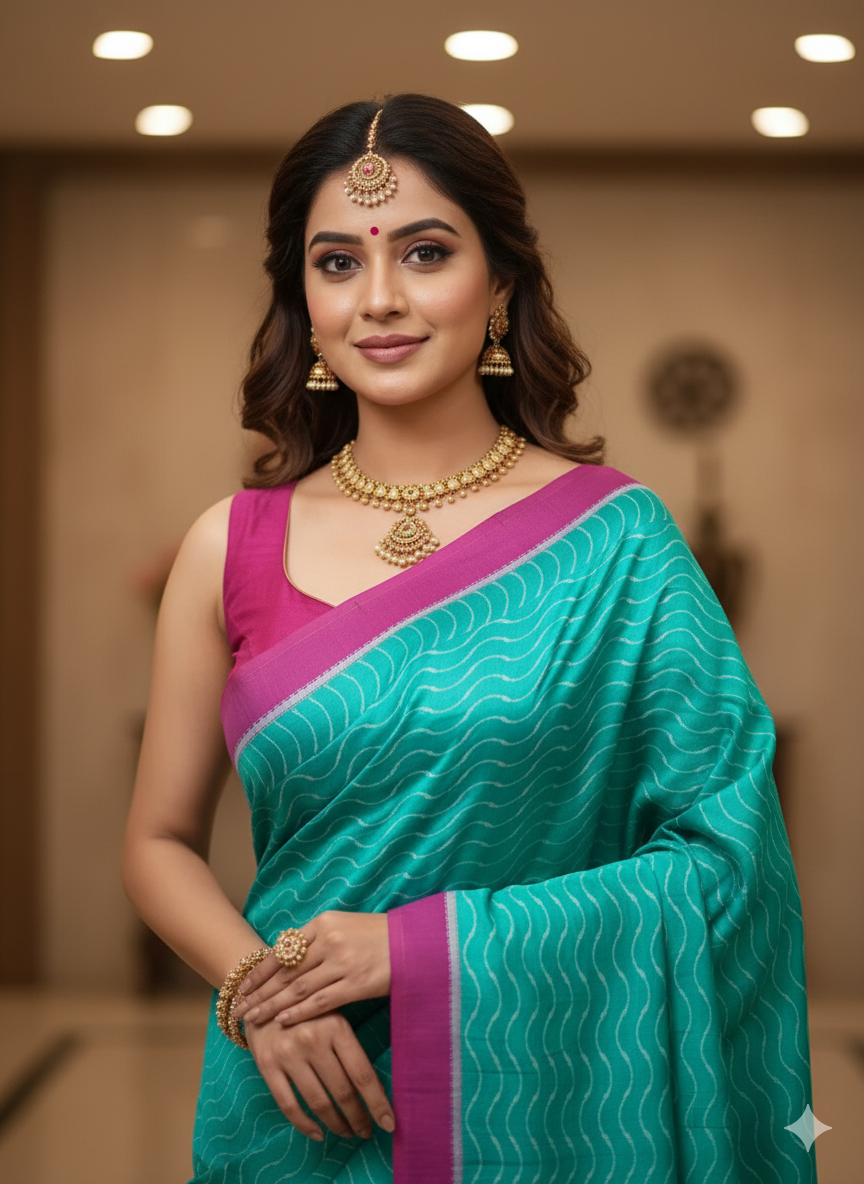 Sea Green Magenta Weave Design Mulberry Silk Saree
