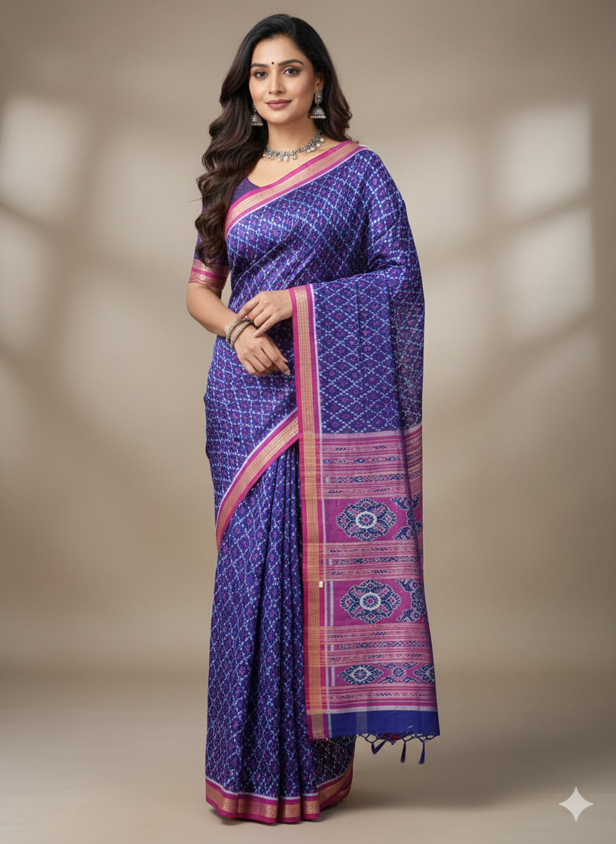 Blue Magenta Tarabali Design Pasapali Mulberry Silk Saree