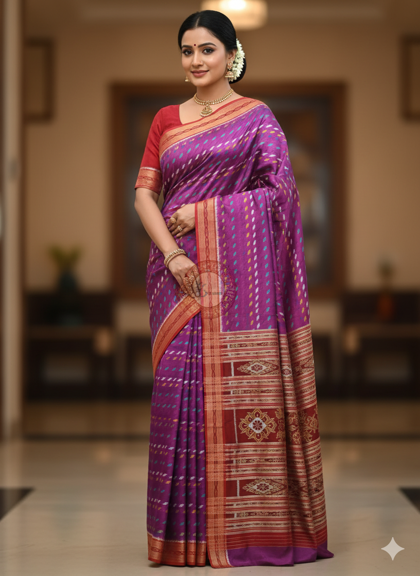 Purple Red Multi Colour Dots Design Khandua Silk Saree