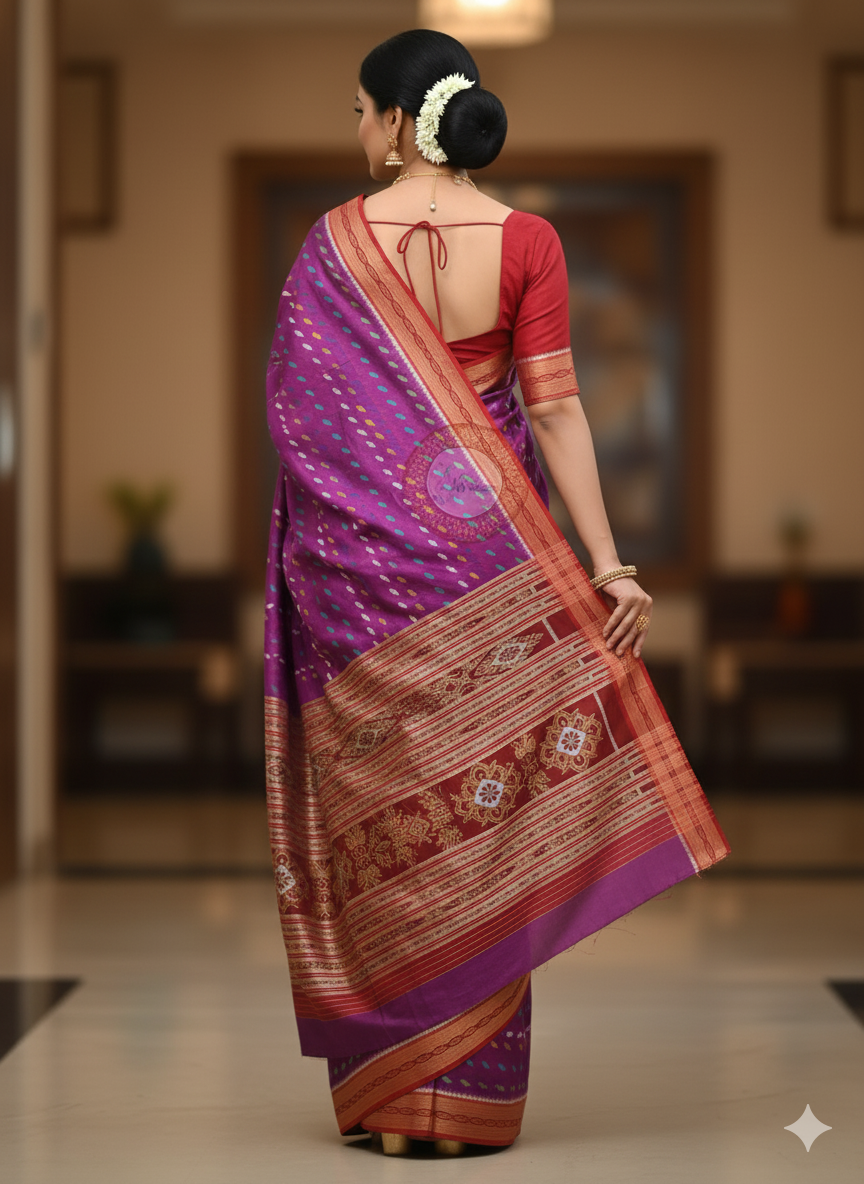 Purple Red Multi Colour Dots Design Khandua Silk Saree