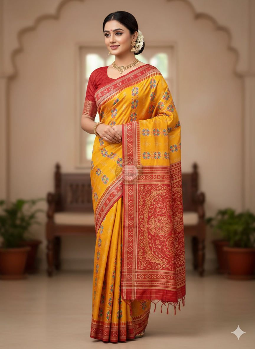 Yellow Maroon Flower With Pasapali Design Khandua Silk Saree
