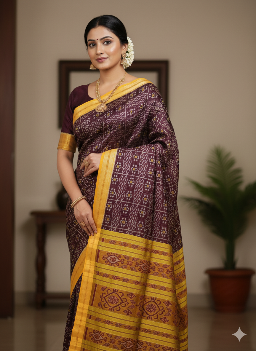 Coffee Yellow Jhoti Design Khandua Silk Saree