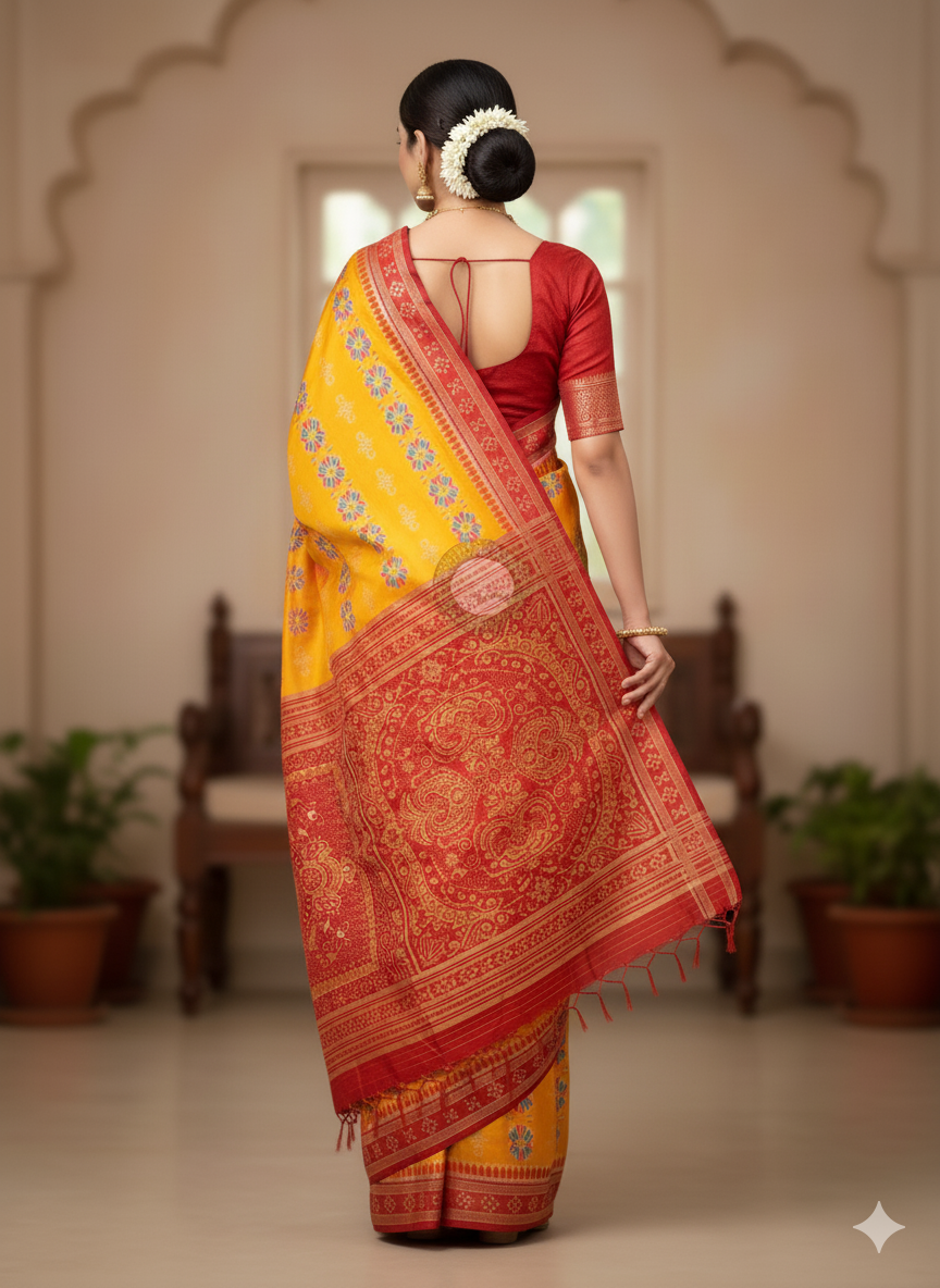 Yellow Maroon Flower With Pasapali Design Khandua Silk Saree