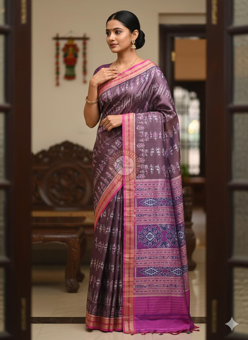 Purple Magenta Tribal And House Design Khandua Silk Saree