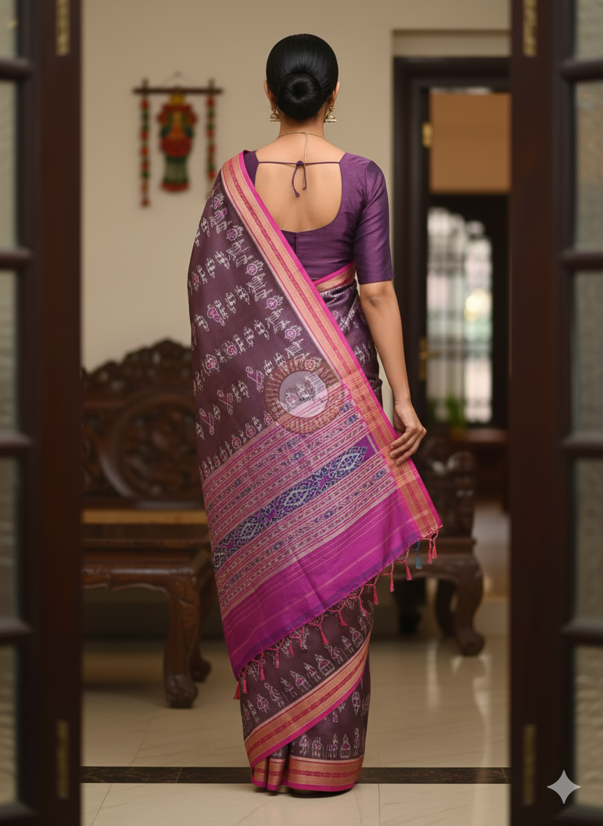 Purple Magenta Tribal And House Design Khandua Silk Saree