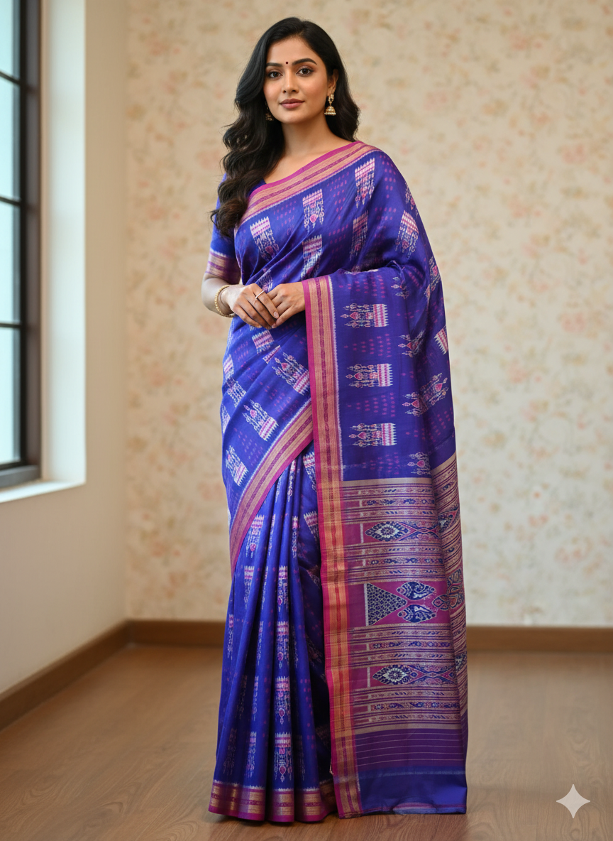 Blue Magenta Tribal And Chita Design Khandua Silk Saree