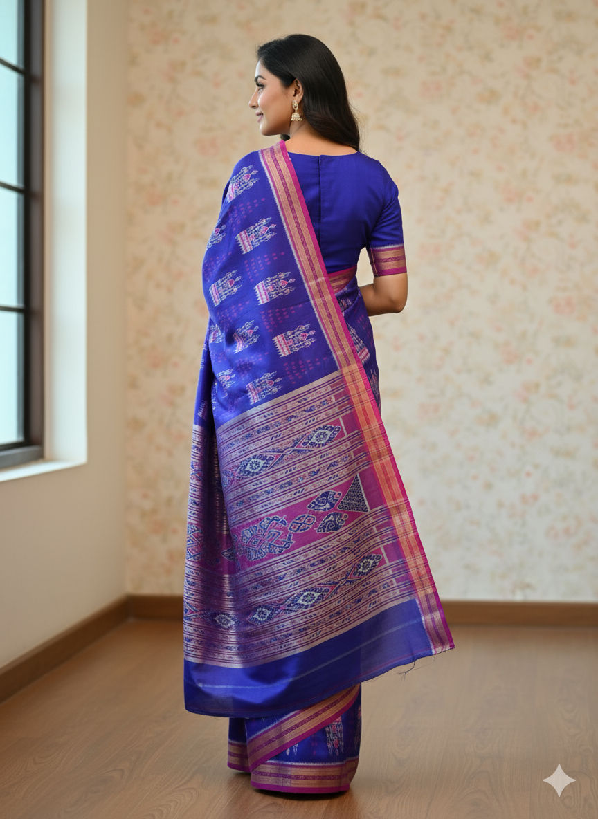 Blue Magenta Tribal And Chita Design Khandua Silk Saree