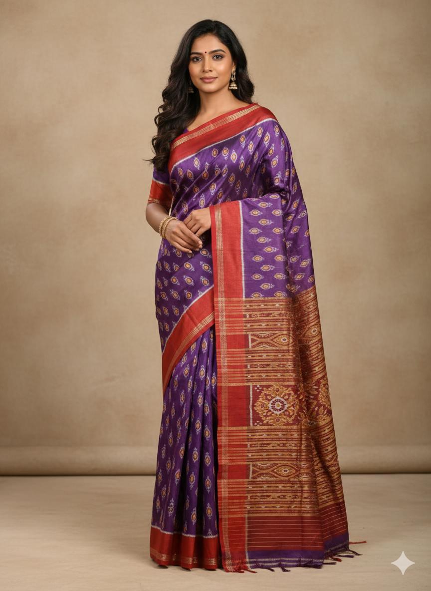 Purple Maroon Mayura Puchha Design Khandua Silk Saree