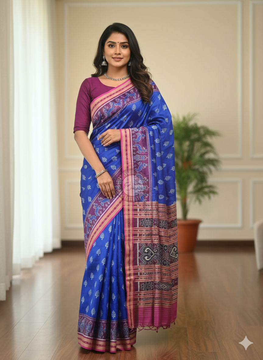 Blue Magenta Tree Design Khandua Silk Saree