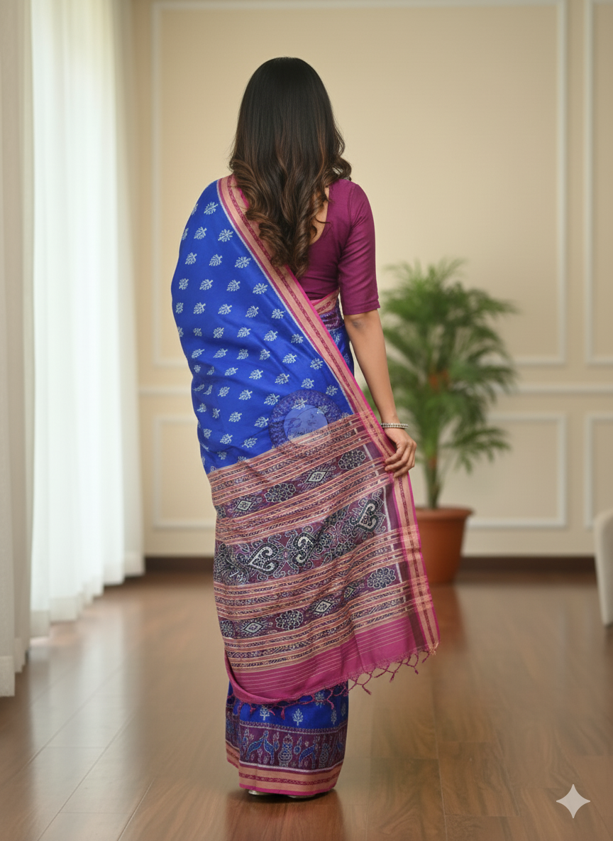 Blue Magenta Tree Design Khandua Silk Saree