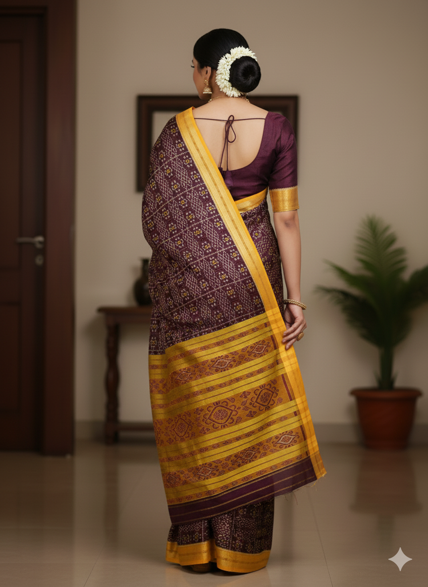 Coffee Yellow Jhoti Design Khandua Silk Saree