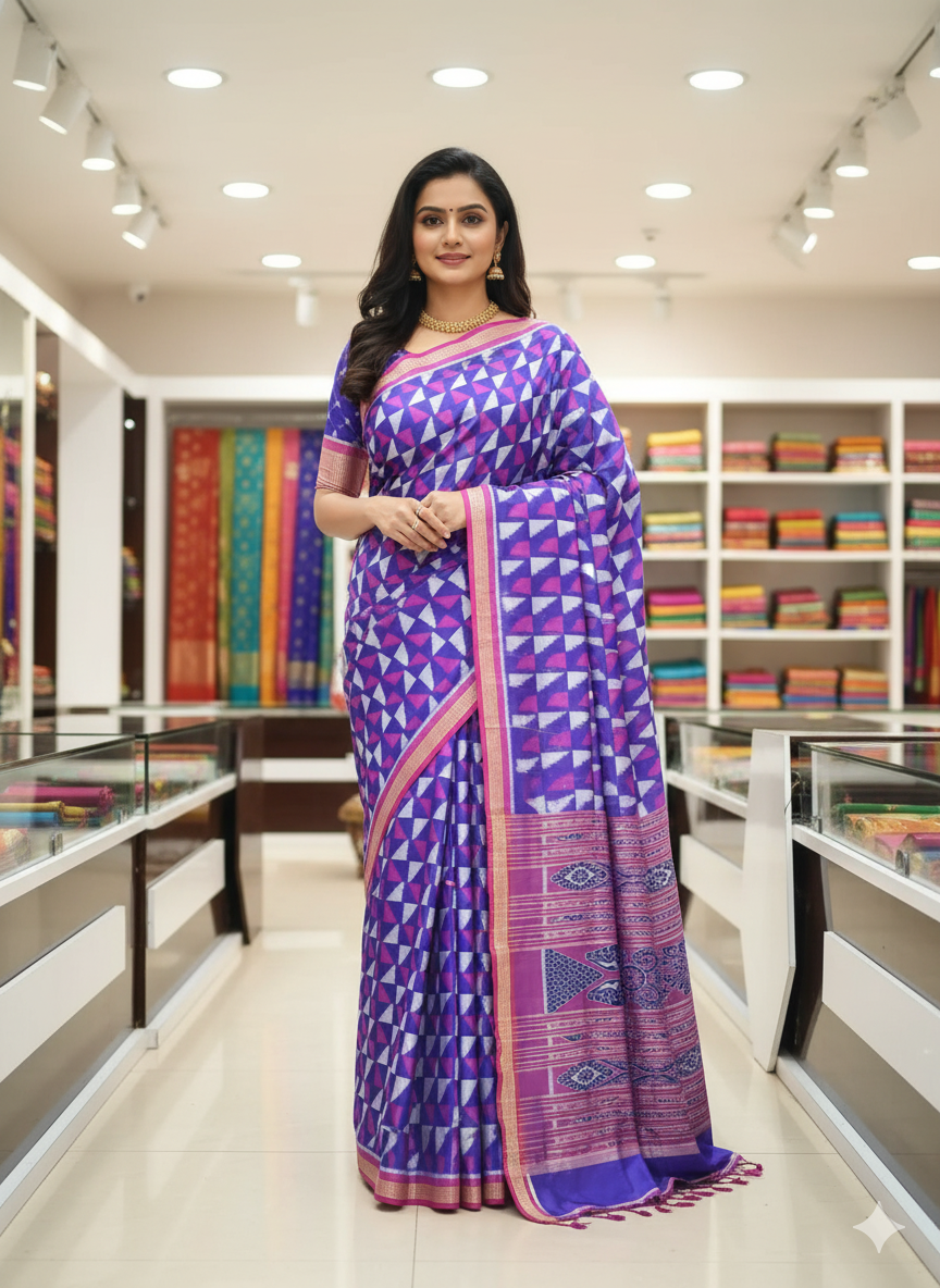 Blue Magenta Triranga Design Khandua Silk Saree