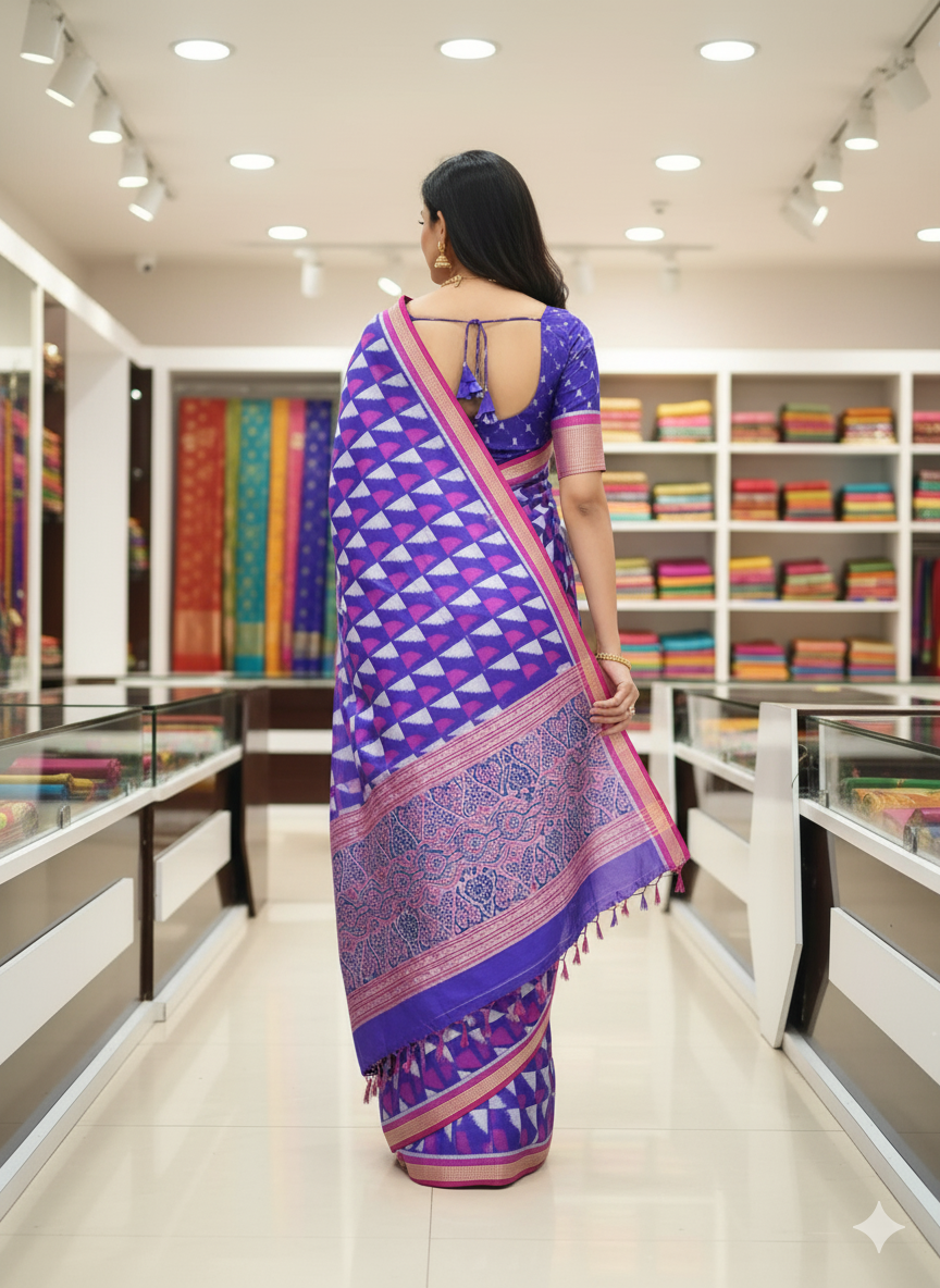 Blue Magenta Triranga Design Khandua Silk Saree