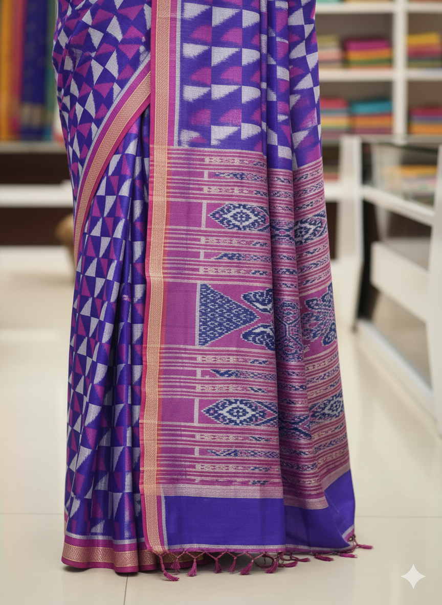 Blue Magenta Triranga Design Khandua Silk Saree