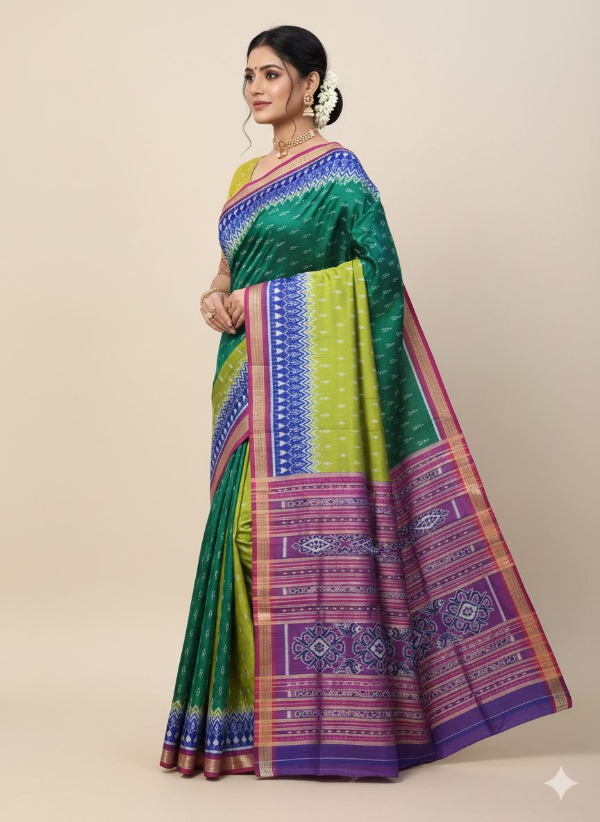 Green Yellow Half Half Tree Design Mulberry Silk Saree