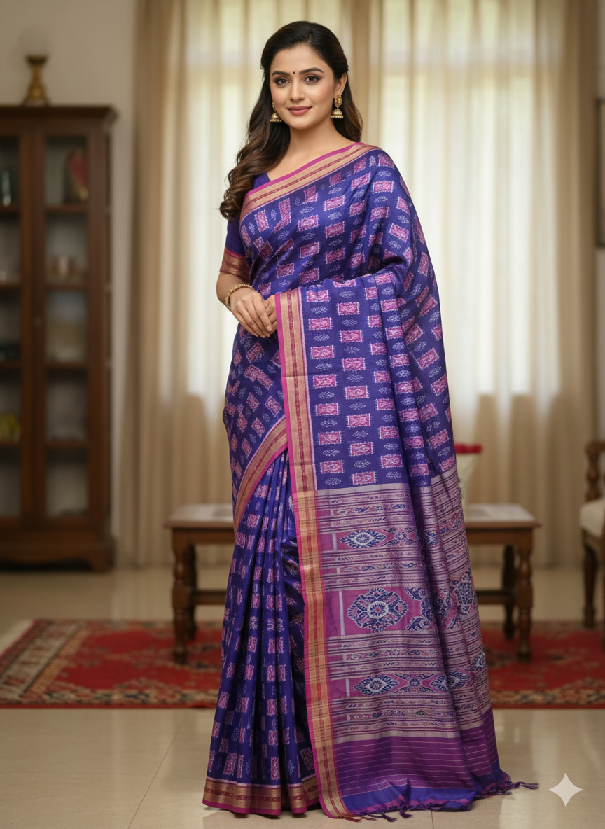 Blue Magenta Fish Design Khandua Silk Saree