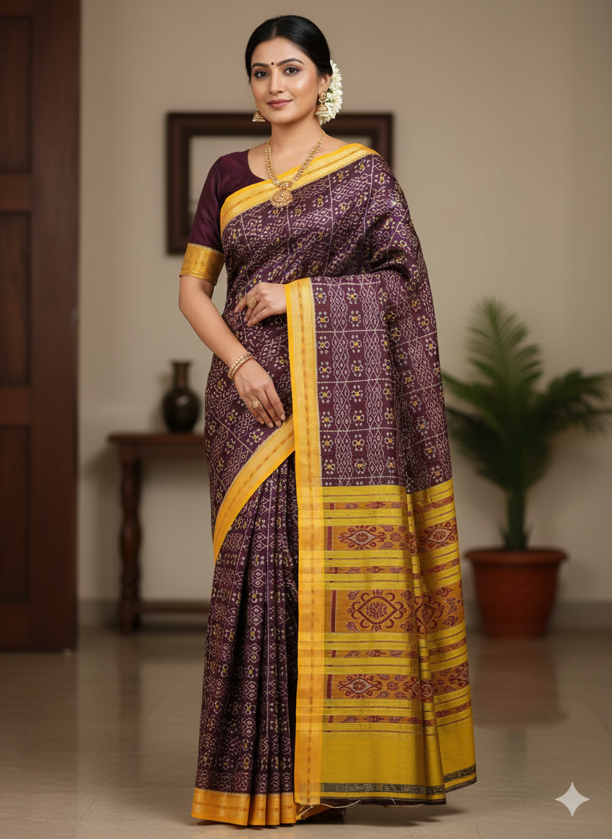Coffee Yellow Jhoti Design Khandua Silk Saree