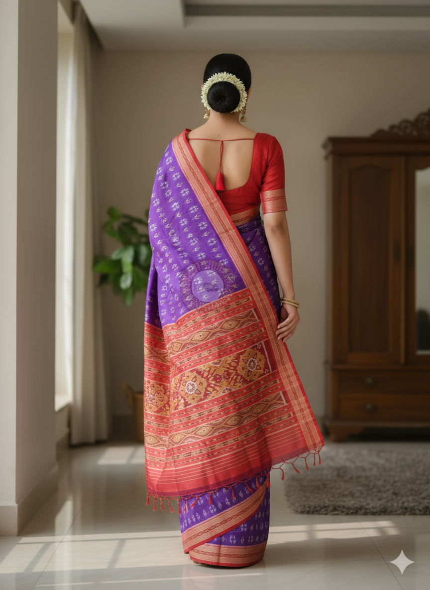 Purple Red Tribal And Tree Design Khandua Silk Saree