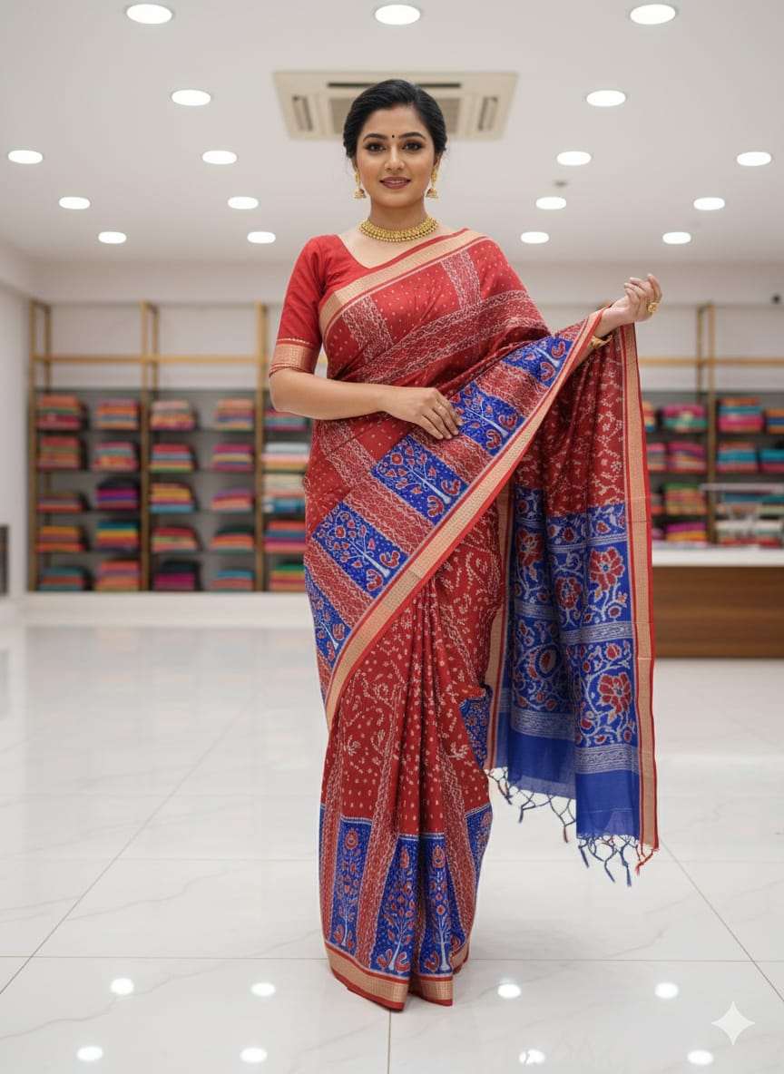 Blue Maroon Half Half Design Mulberry Silk Saree