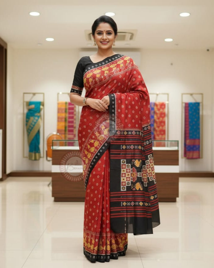 Maroon Black Scot Dancer Design Mulberry Silk Saree