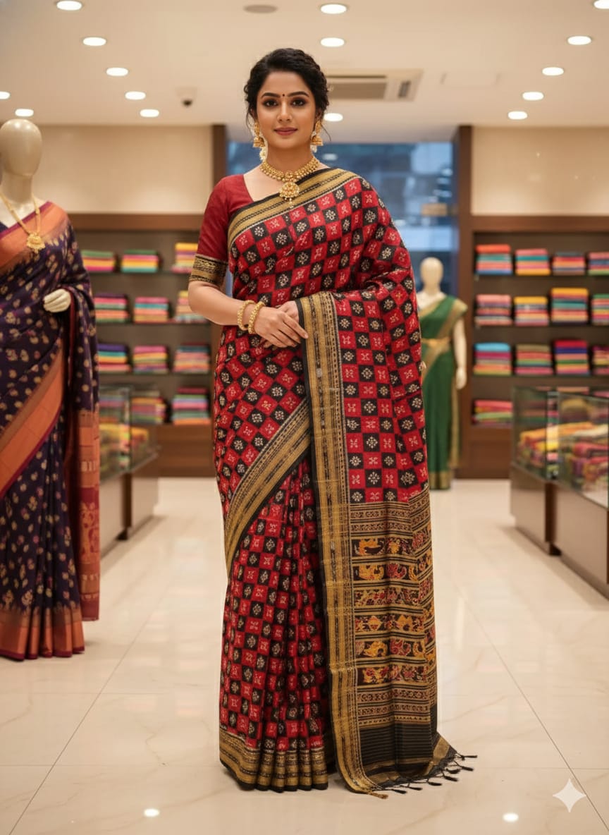 Maroon Black Pasapali Khandua Silk Saree