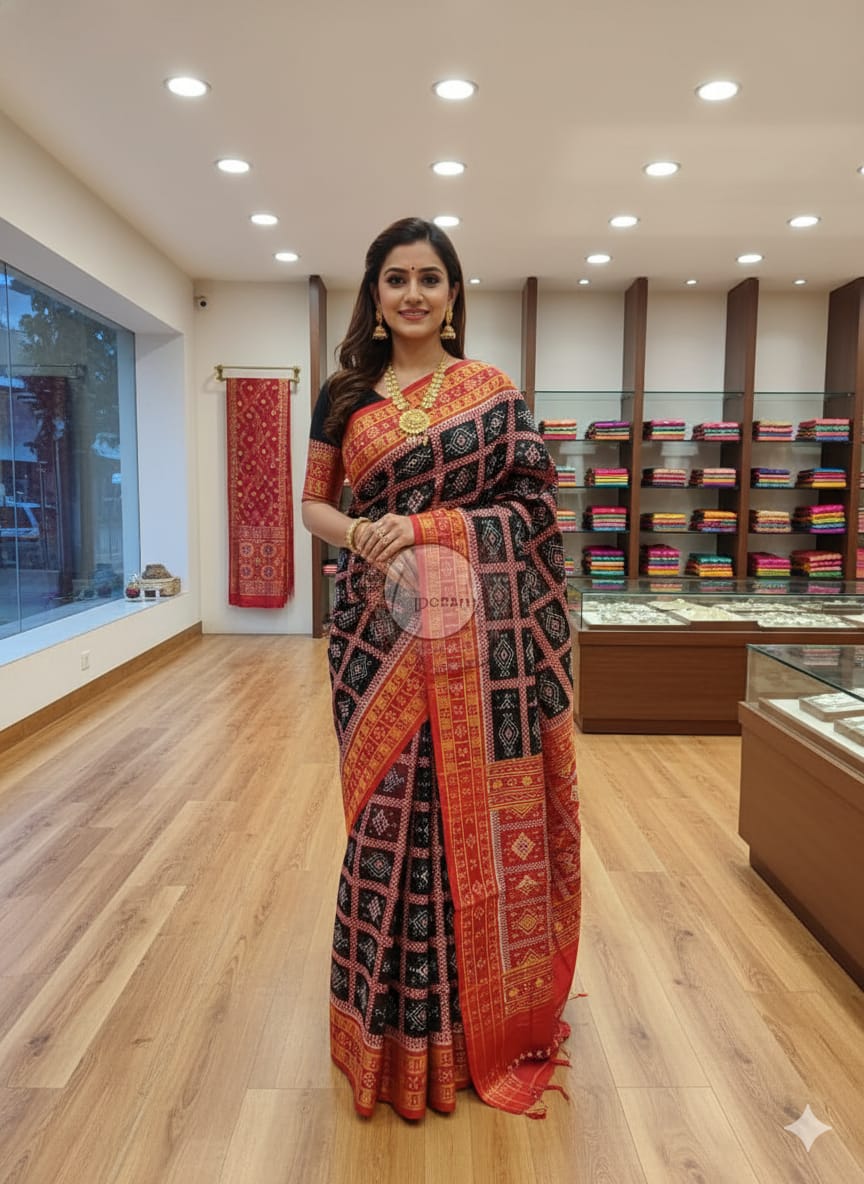 Black Red 3D Pasapali Khandua Silk Saree