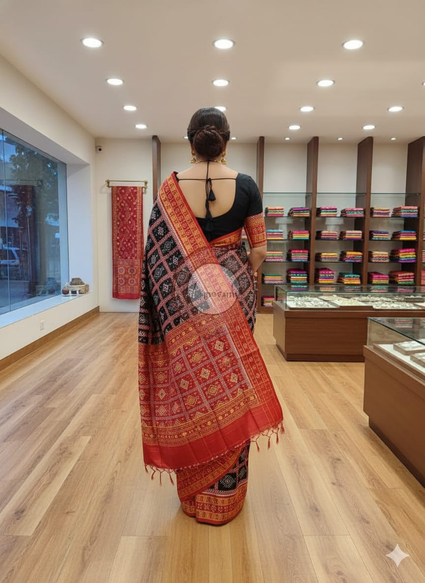 Black Red 3D Pasapali Khandua Silk Saree
