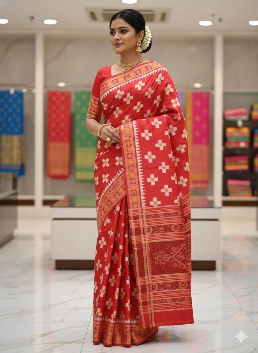 Red Cross Pasapali Khandua Silk Saree