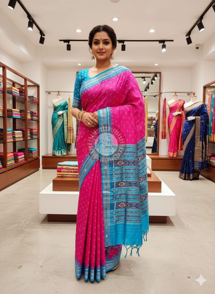 Magenta Copper Sulphate Mayura Chandrika Khandua Silk Saree