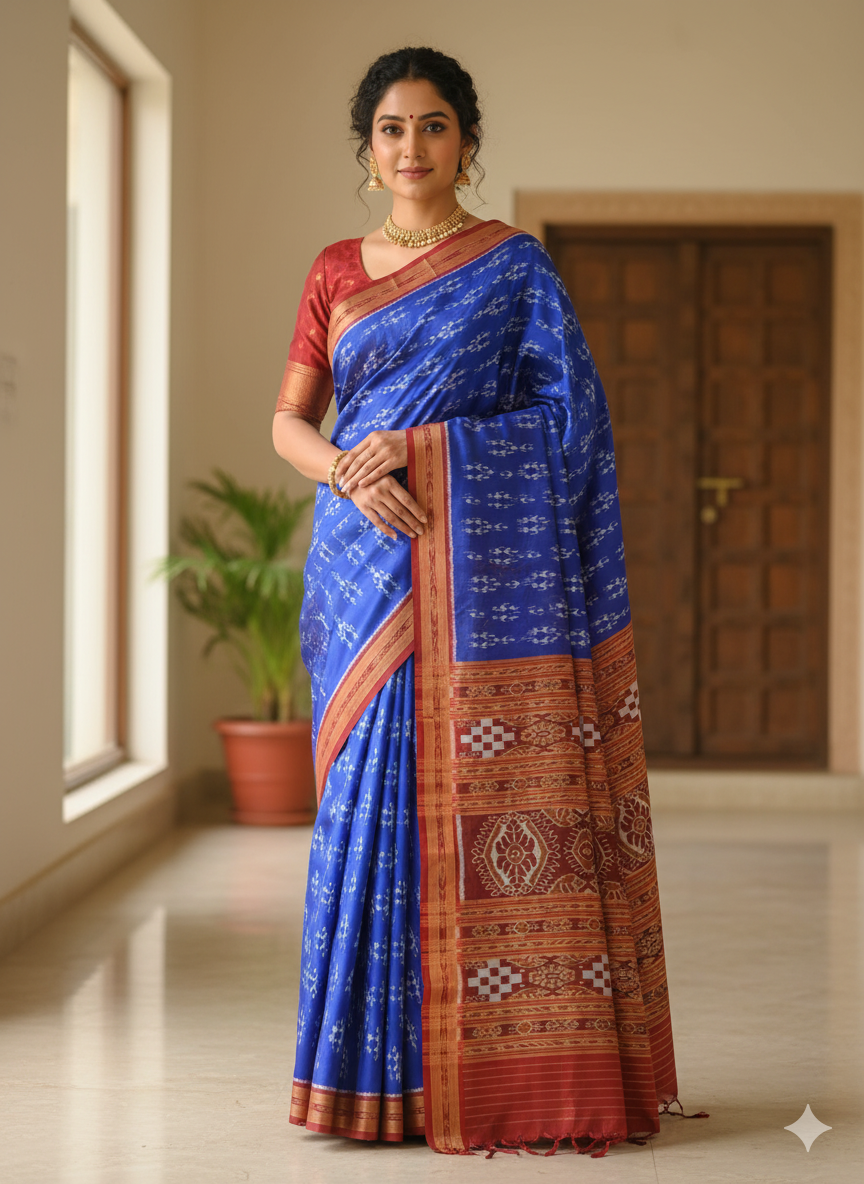 Blue Maroon Tribal Design Khandua Silk Saree