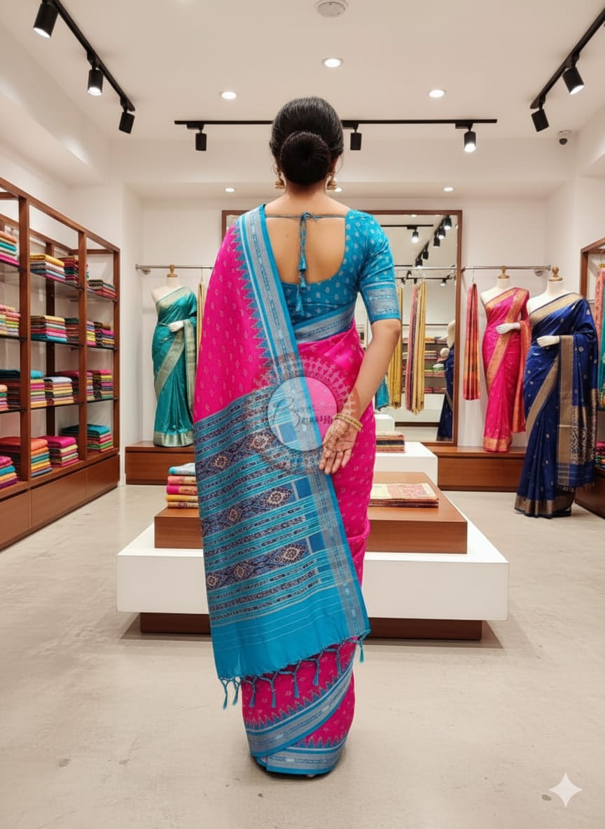 Magenta Copper Sulphate Mayura Chandrika Khandua Silk Saree