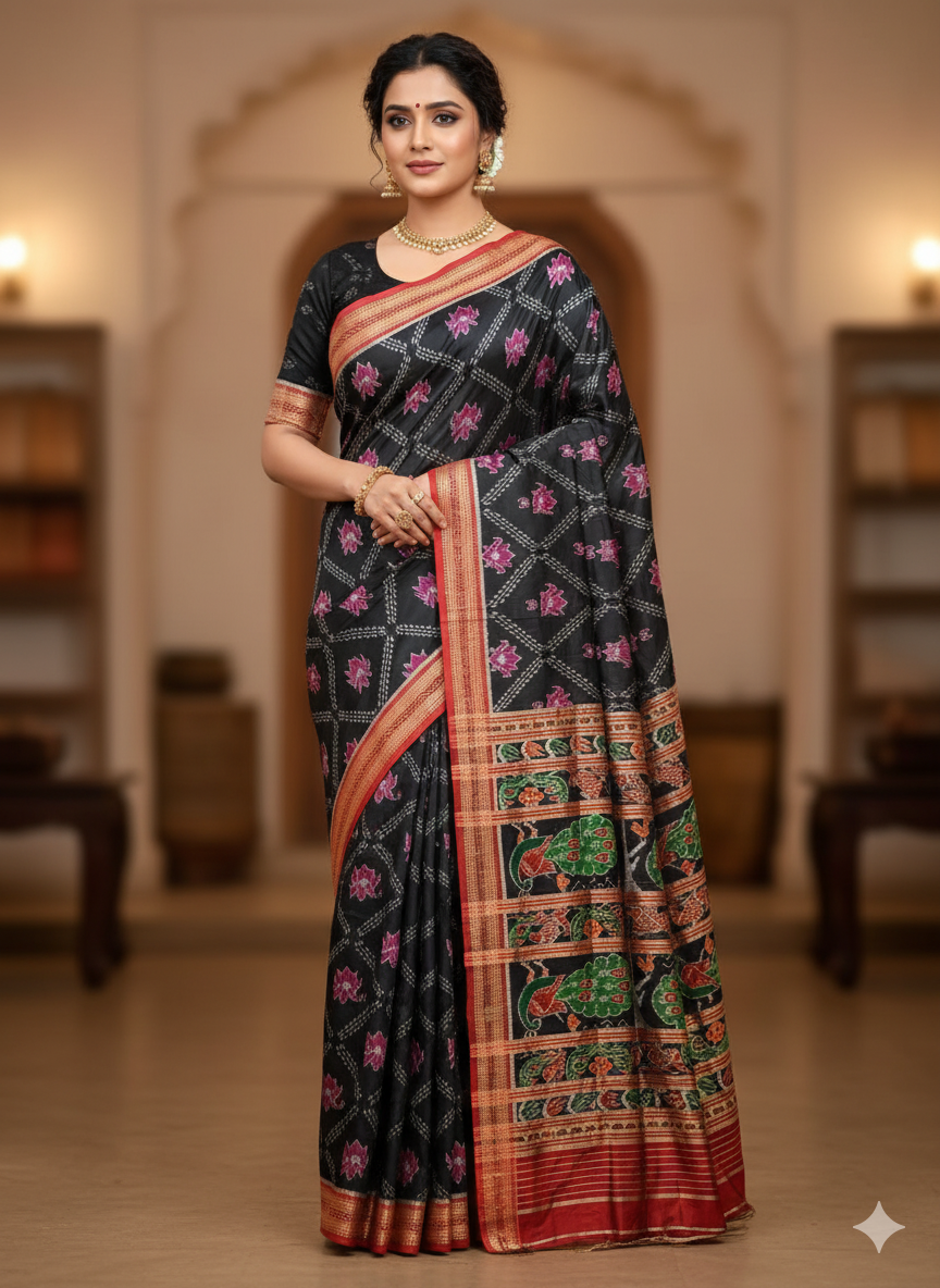 Black Red Lotus Design Khandua Silk Saree
