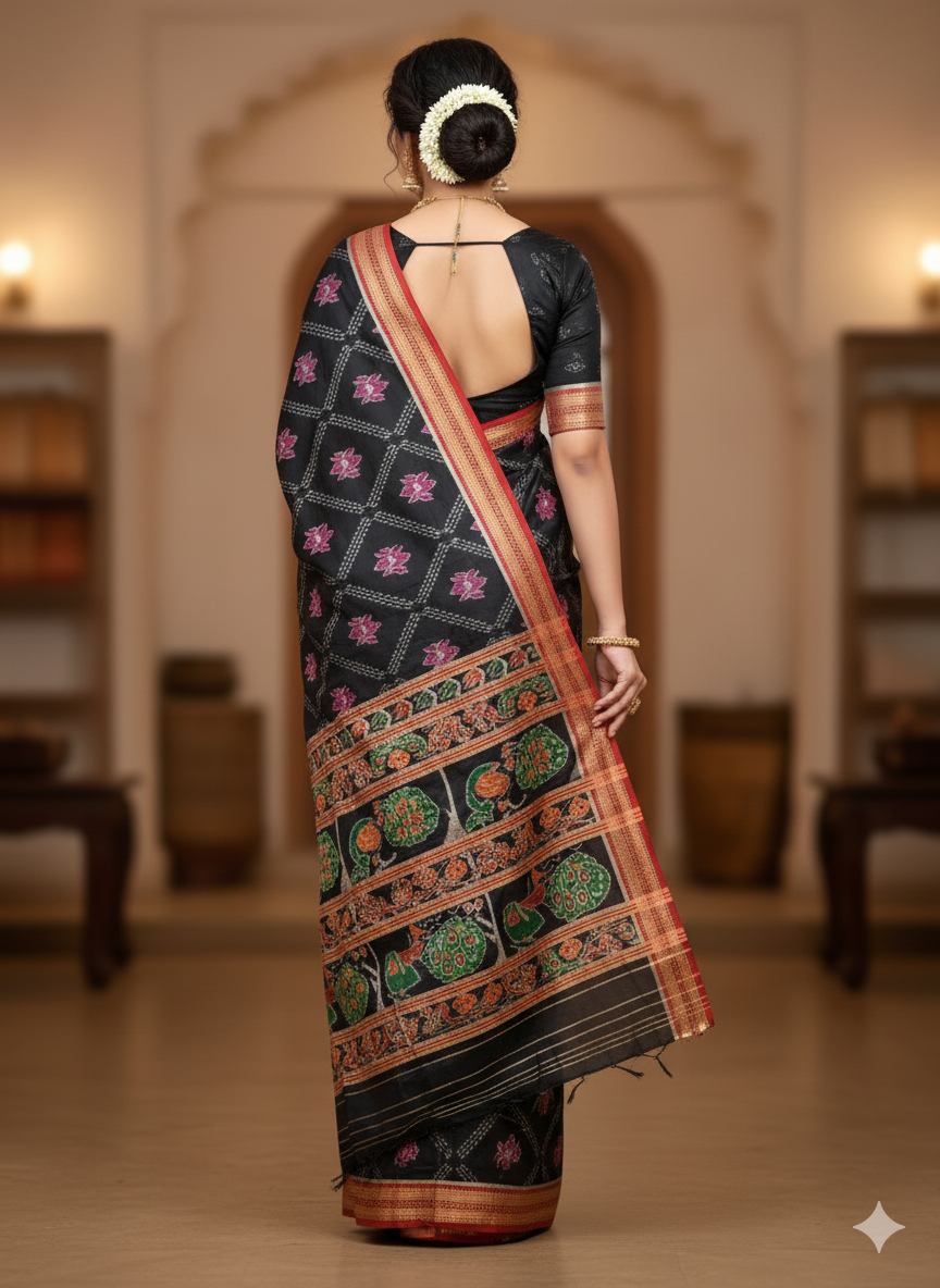 Black Red Lotus Design Khandua Silk Saree